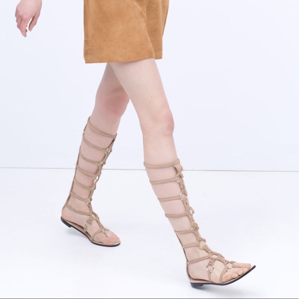 ZARA BEIGE GOAT LEATHER FLAT SANDALS - US 6.5